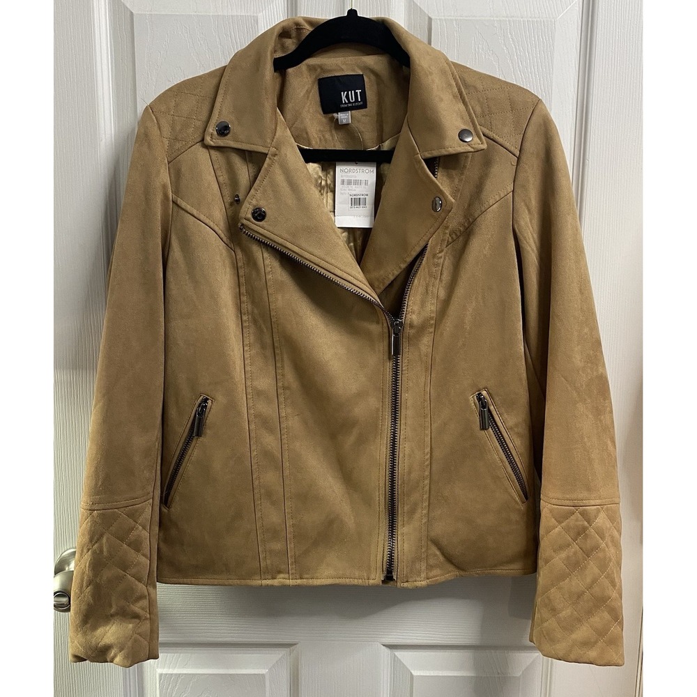 KUT From The Kloth Women Y2k Faux Suede Motorcycle Biker Short Jacket Tan NWT M